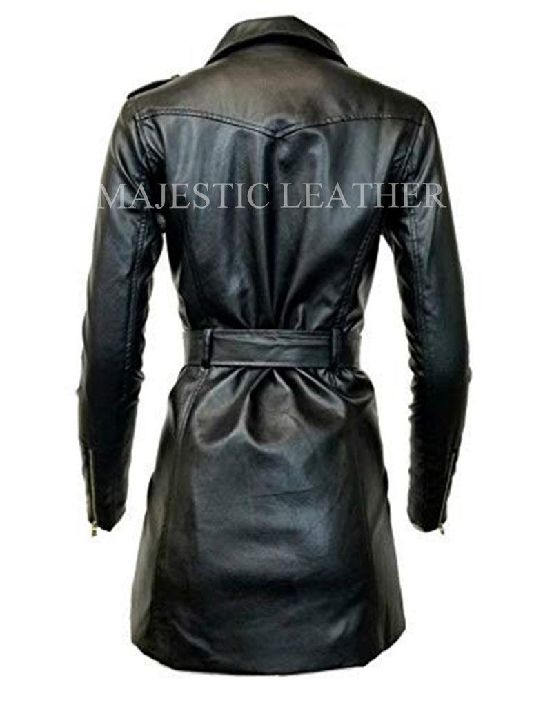 Majestic Leather - Women's Zip-up Long Jacket Belt Real Leather Trench Coats