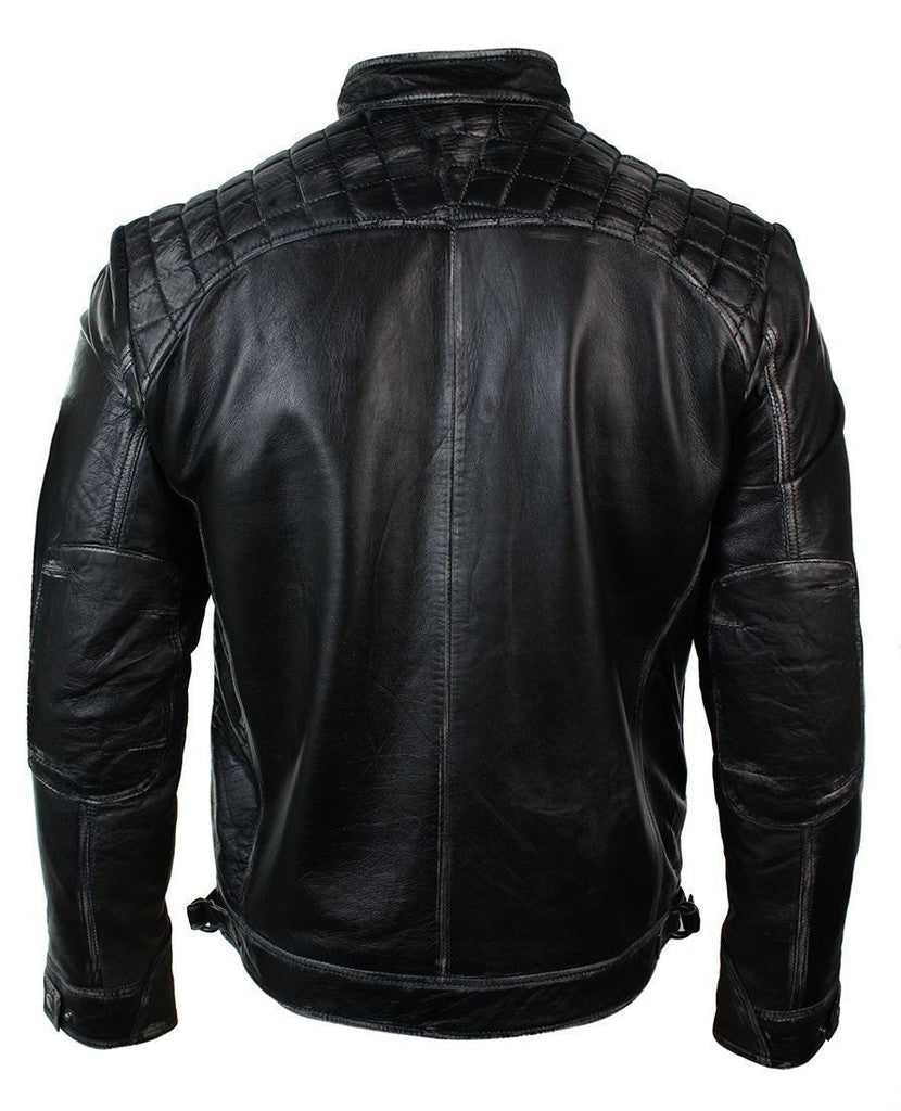 Majestic Leather - Mens Biker Quilted Vintage Distressed Motorcycle Cafe Racer Leather Jacket