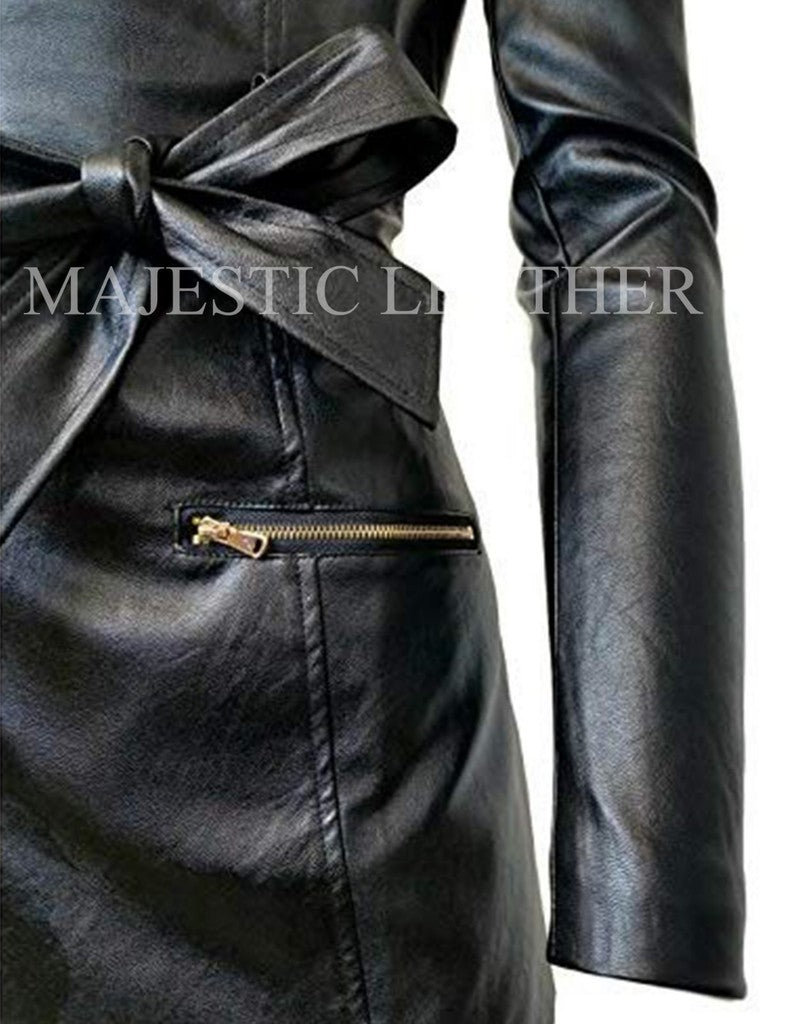 Majestic Leather - Women's Zip-up Long Jacket Belt Real Leather Trench Coats