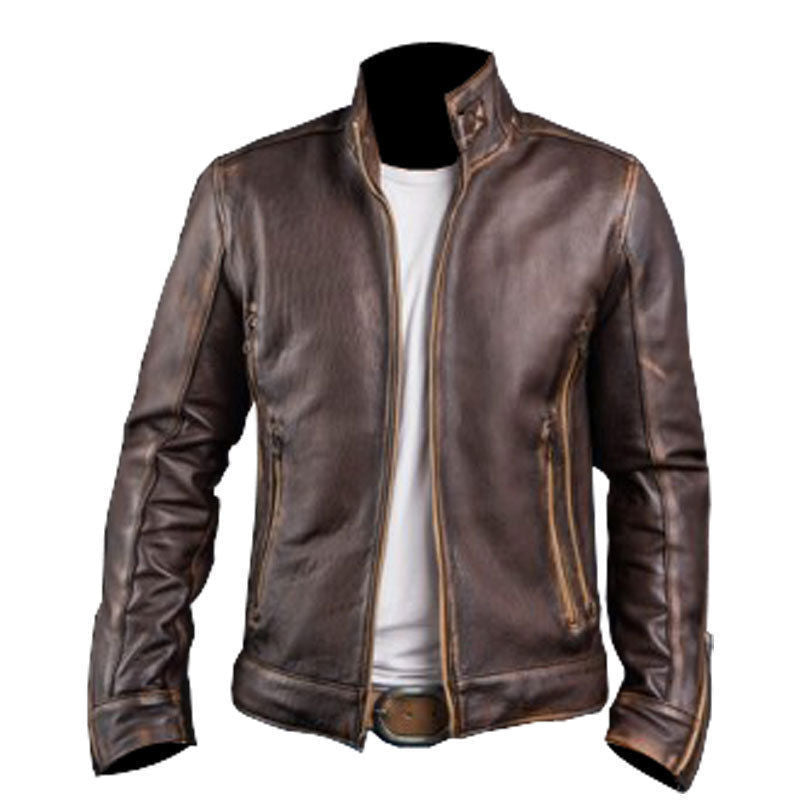 Majestic Leather - Mens Cafe Racer Stylish Biker Brown Distressed Leather Jacket