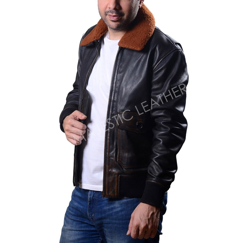 Majestic Leather - Mens G-1 Navy Leather Bomber Distressed Brown Real Leather Jacket