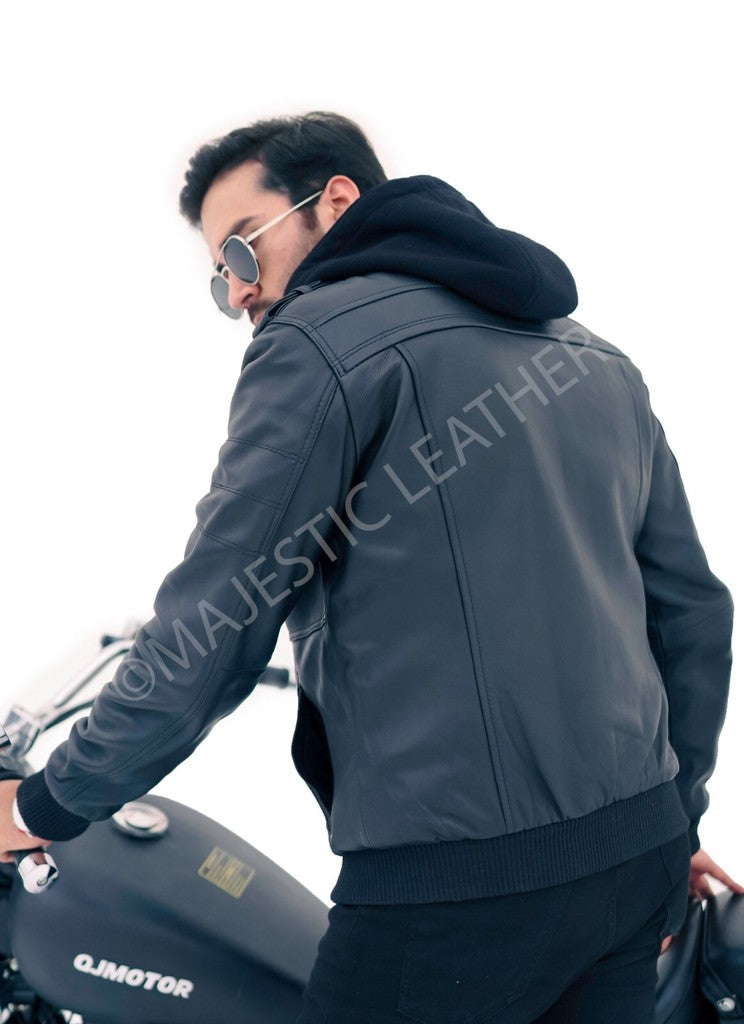 Majestic Leather - New Men's Genuine Real Leather Jacket Black Bomber Winter Hooded Jacket Coat