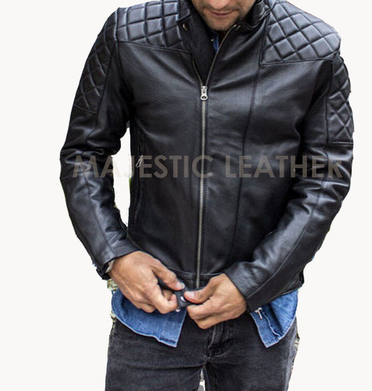 Majestic Leather - Men's Black Biker Quilted Slim Fit Motorcycle Cafe Racer Leather Jacket