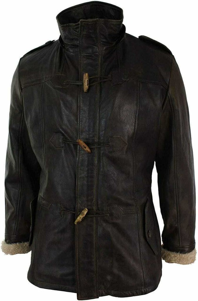 Majestic Leather - Mens Black Duffle Over Coat Trench Hooded Long Genuine Sheepskin Leather Jacket