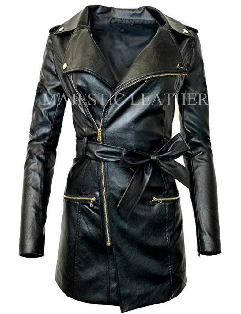 Majestic Leather - Women's Zip-up Long Jacket Belt Real Leather Trench Coats