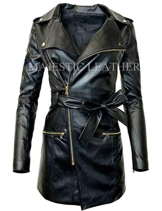 Majestic Leather - Women's Zip-up Long Jacket Belt Real Leather Trench Coats