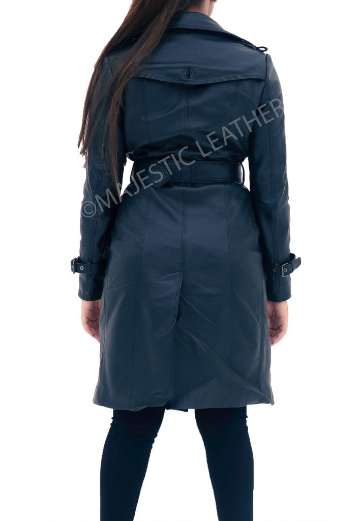 Majestic Leather - New Ladies Women Black Genuine Real Leather Trench Coat