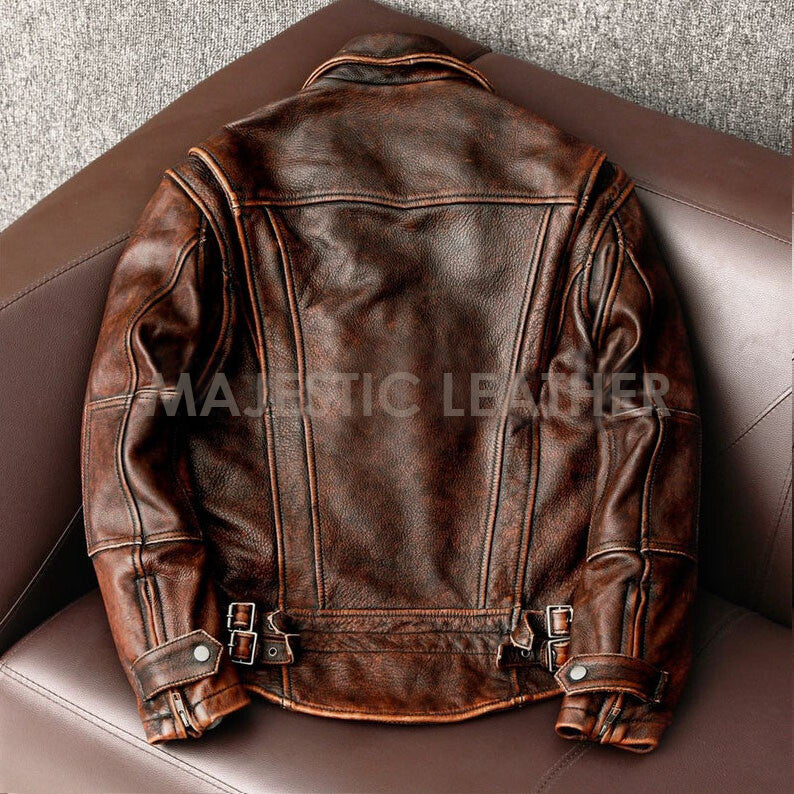 Majestic Leather - Men's Brown Biker Vintage Motorcycle Distressed Cafe Racer Leather Jacket