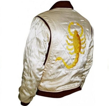 Majestic Leather - Drive Scorpion Ivory Satin Slim Fit Ryan Gosling Movie Bomber Quilted Jacket