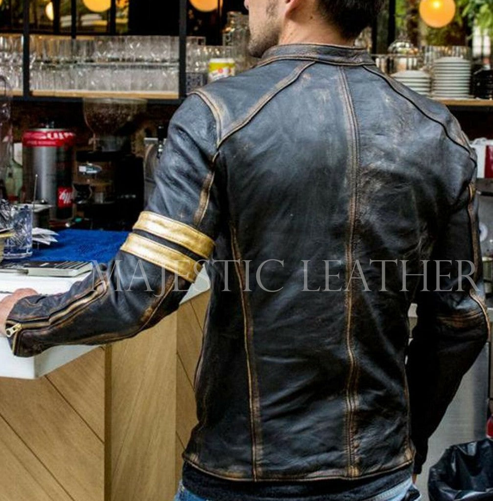 Majestic Leather - Men's Biker Vintage Golden Striped Black Luxury Handmade Lamb Leather Jacket