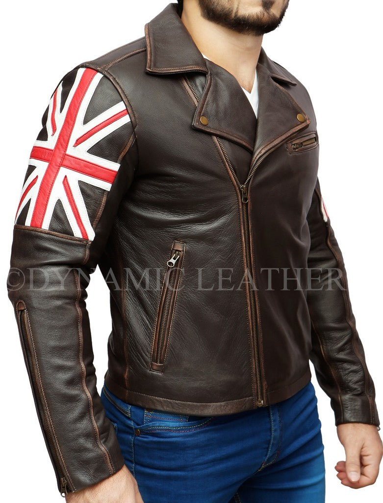 Majestic Leather - Mens Biker Vintage Distressed Brown Union Jack 2 Cafe Racer Leather Jacket