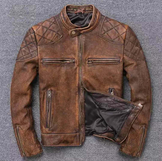 Majestic Leather - Men's Black Biker Vintage Motorcycle Waxed Cafe Racer Leather Jacket