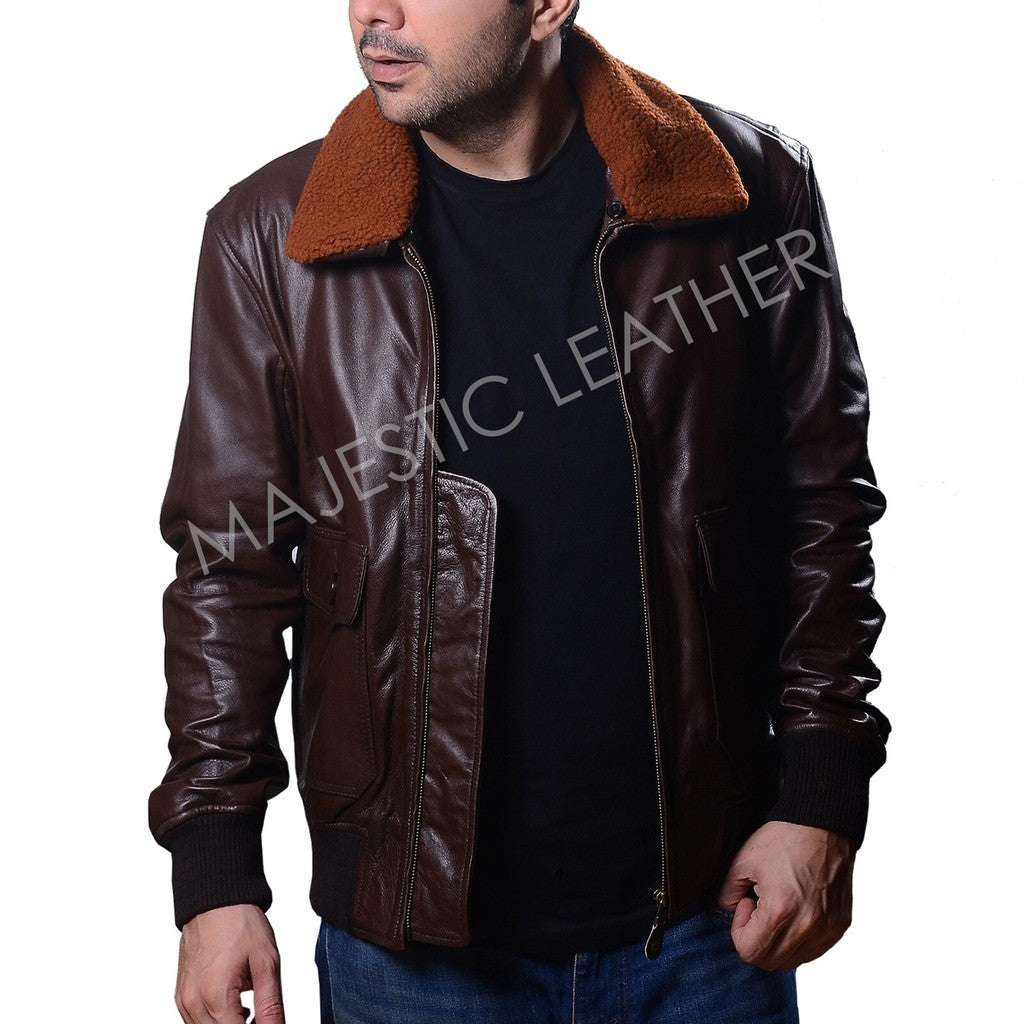 Majestic Leather - Mens Aviator Navy G-1 Flight Jacket Real Brown Leather Bomber Jacket
