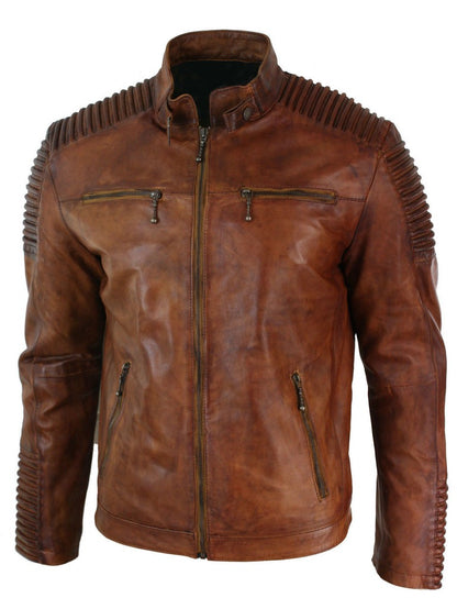 Majestic Leather - Mens Brown Vintage Antique Cafe Racer MC motorbike Leather jacket