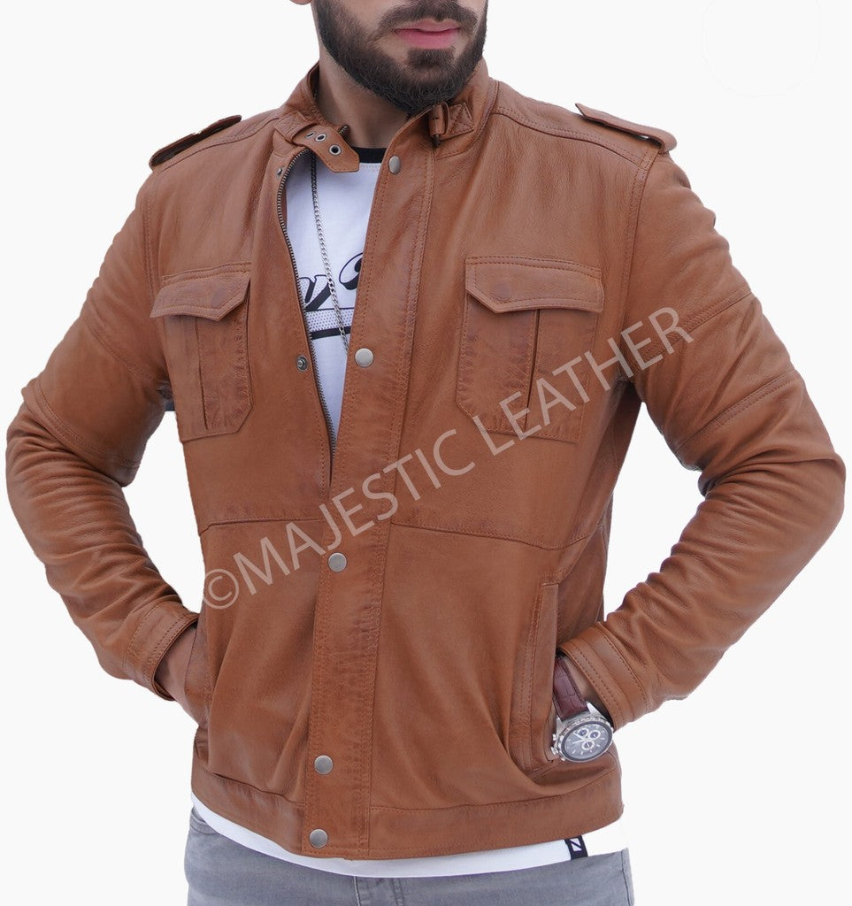 Majestic Leather - Men's Cafe Racer Camel Brown Real Leather Jacket