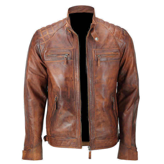 Majestic Leather - Mens Biker Quilted Vintage Distressed Motorcycle Cafe Racer Leather Jacket