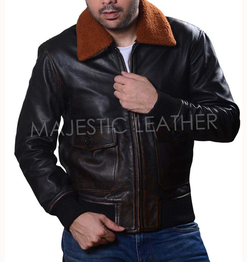 Majestic Leather - Mens G-1 Navy Leather Bomber Distressed Brown Real Leather Jacket
