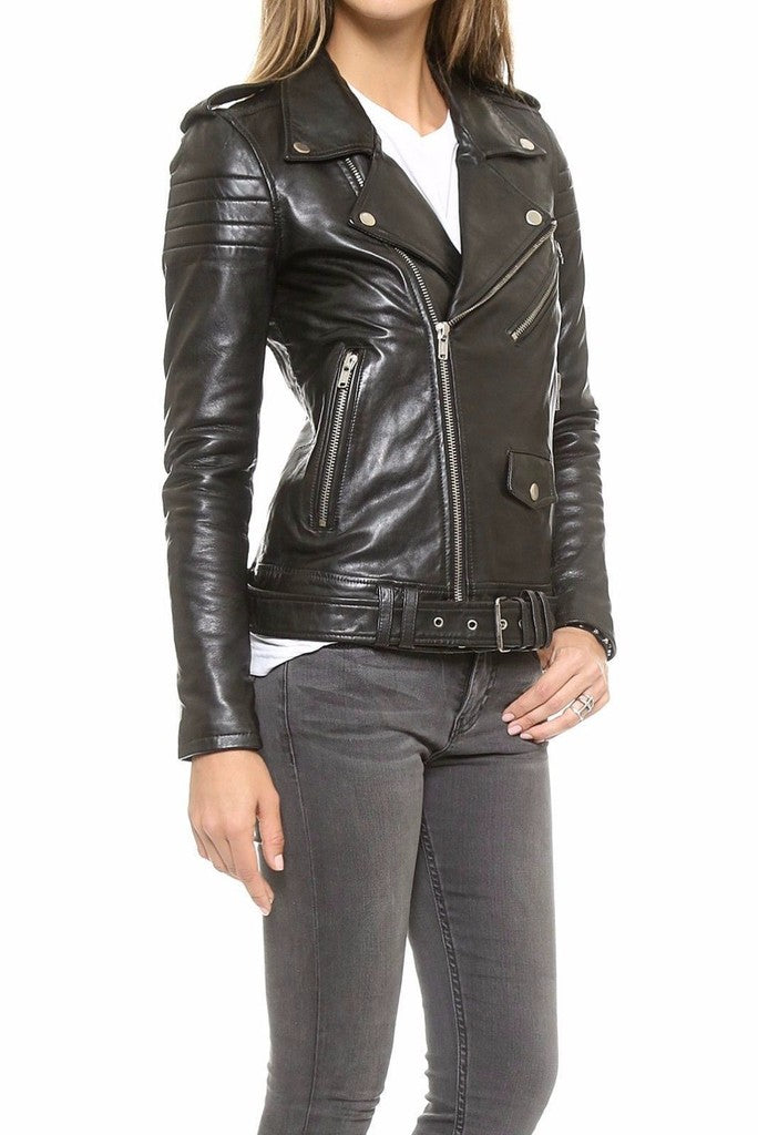 Majestic Leather - Womens Black Biker Motorcycle Slim fit Leather Jacket-BNWT