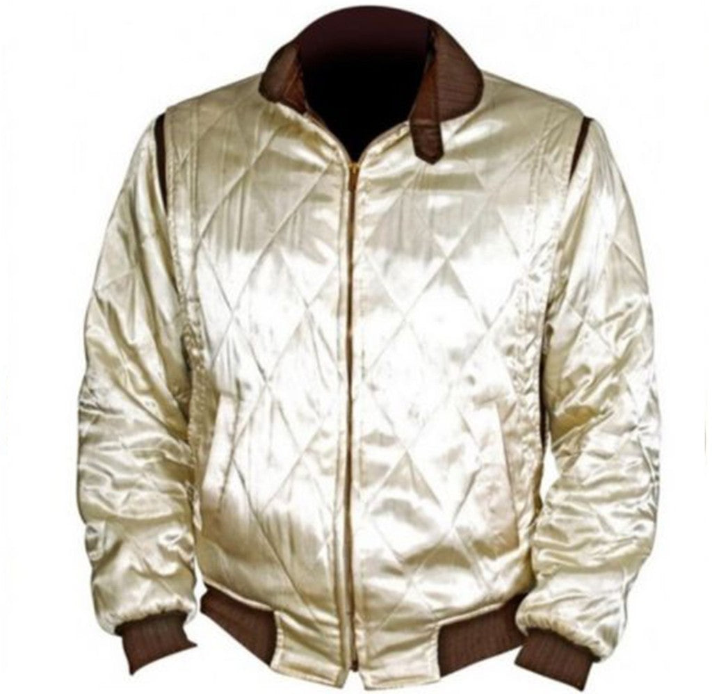Majestic Leather - Drive Scorpion Ivory Satin Slim Fit Ryan Gosling Movie Bomber Quilted Jacket
