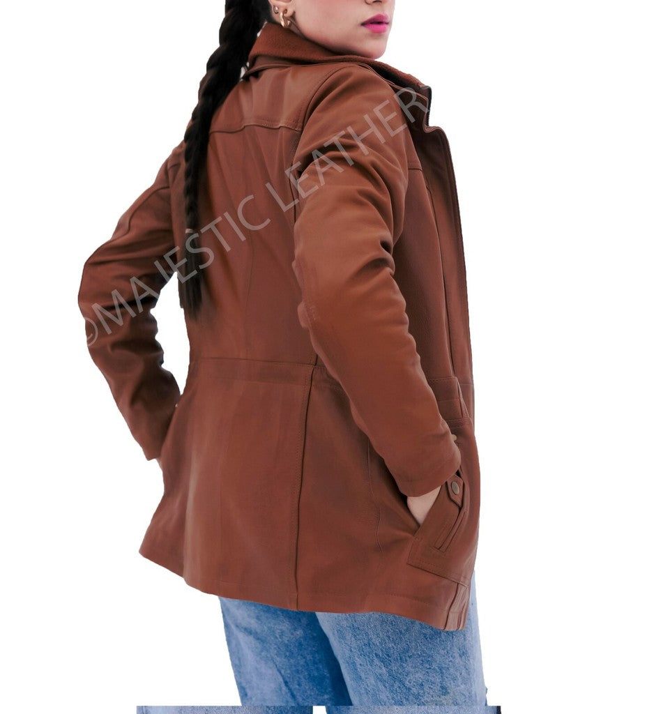 Majestic Leather - Women Real Lambskin Camel Brown THREE-QUARTER Biker Leather Coat