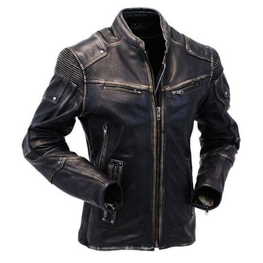 Majestic Leather - Men's Vintage Wrinkled Shoulder Biker Cafe Racer Distressed black Leather Jacket