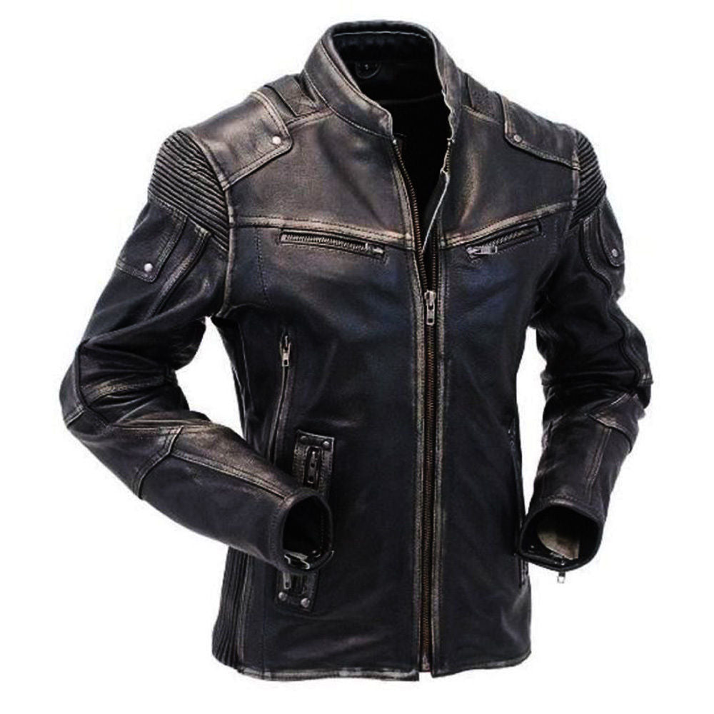 Majestic Leather - Men's Vintage Wrinkled Shoulder Biker Cafe Racer Distressed black Leather Jacket