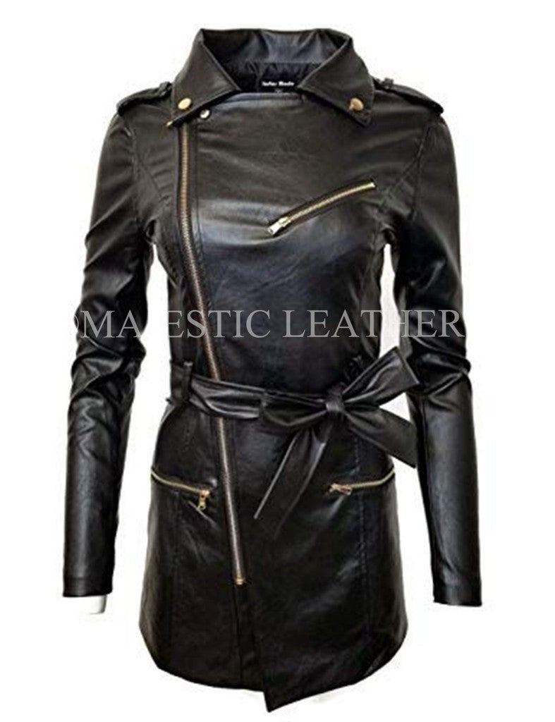 Majestic Leather - Women's Zip-up Long Jacket Belt Real Leather Trench Coats
