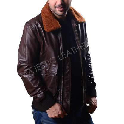 Majestic Leather - Mens Aviator Navy G-1 Flight Jacket Real Brown Leather Bomber Jacket