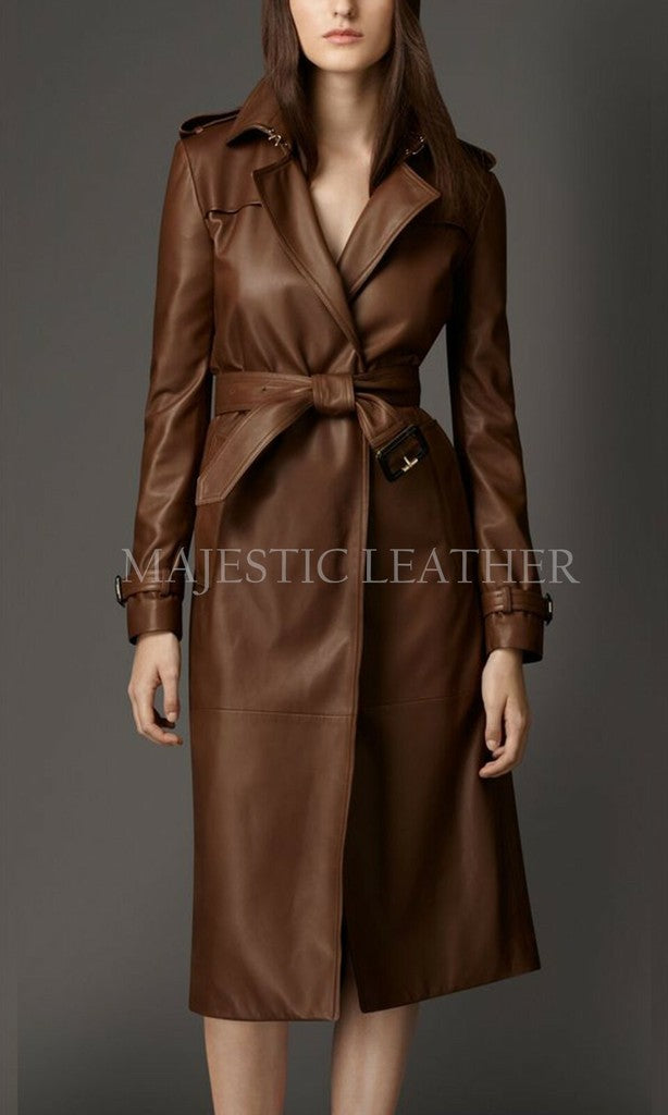 Majestic Leather - New Women Brown Genuine Real Leather Trench Coat