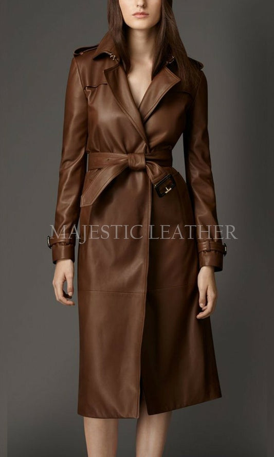Majestic Leather - New Women Brown Genuine Real Leather Trench Coat