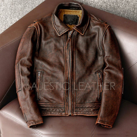 Majestic Leather - Men's Brown Biker Vintage Motorcycle Distressed Cafe Racer Leather Jacket