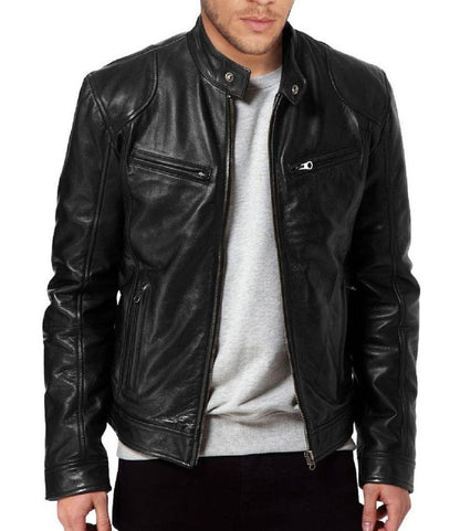 Men's Sword Cafe Racer Black-Brown Cowhide Leather Jacket — back view | Majestic Leather UK
