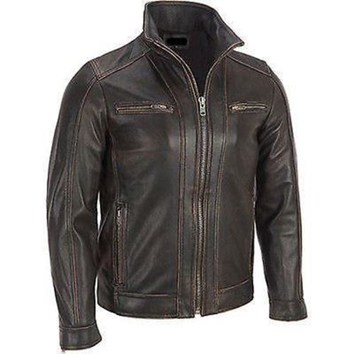 Majestic Leather - Men's BLACK Rivet Leather Faded-Seam Jacket Genuine Leather Jacket
