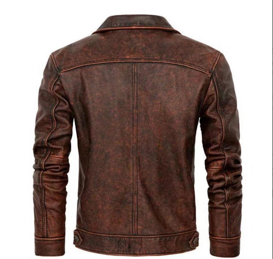 Cafe Racer Brown Trucker Genuine Leather Vintage Jacket — side profile | Majestic Leather UK