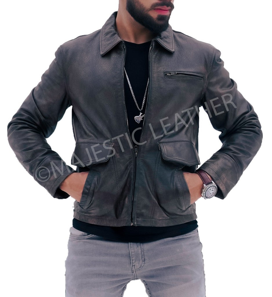 Majestic Leather - New Men's Aviator Distress Black Grey Real Leather Jacket