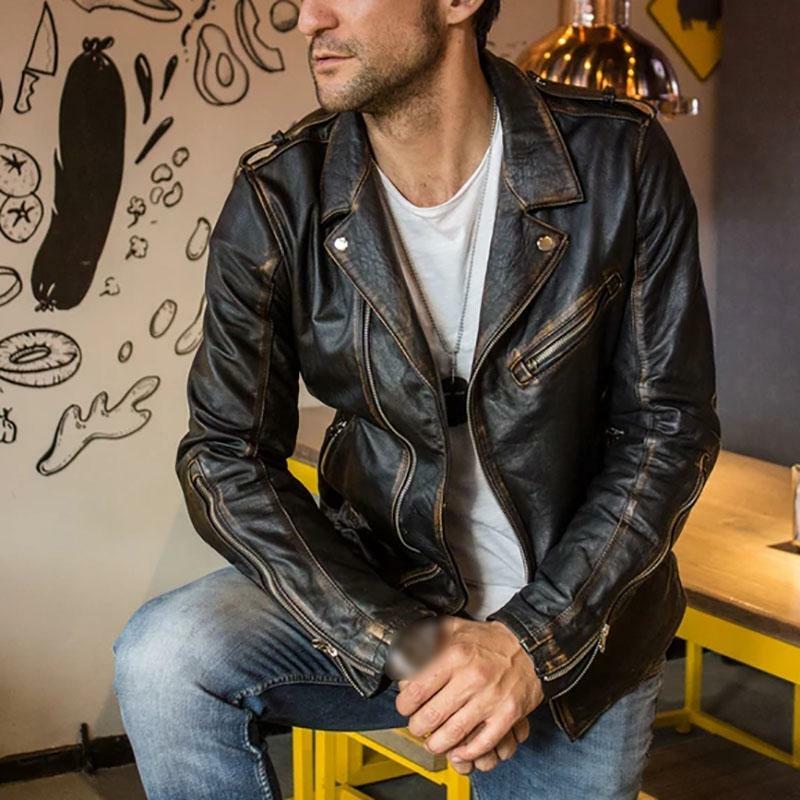 Majestic Leather - Men's Biker Vintage Style Cafe Racer Retro Distressed Black Leather Jacker