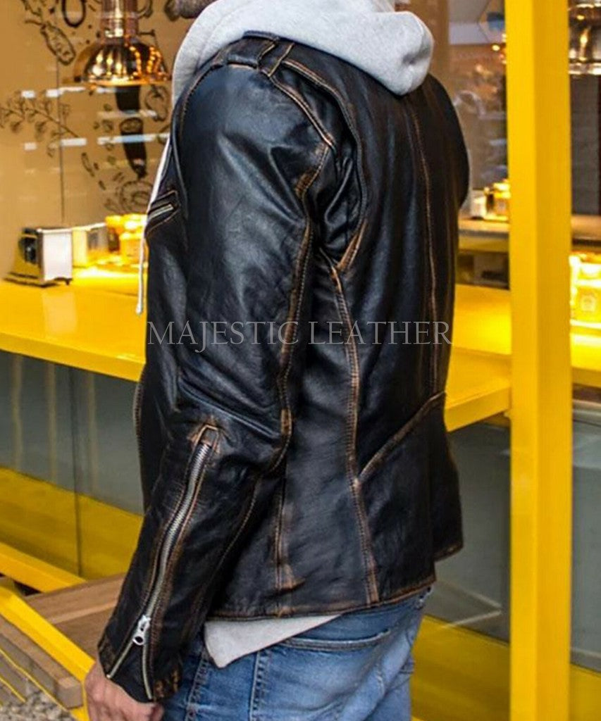 Majestic Leather - Mens Black Biker Vintage Distressed Motorcycle Cafe Racer Real Leather Jacket