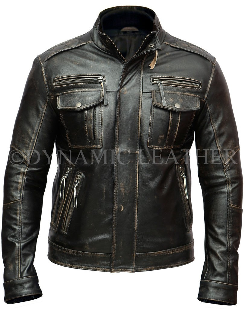 Majestic Leather - Men's Vintage Rivet Biker Style Motorcycle Cafe Racer Distressed Leather Jacket