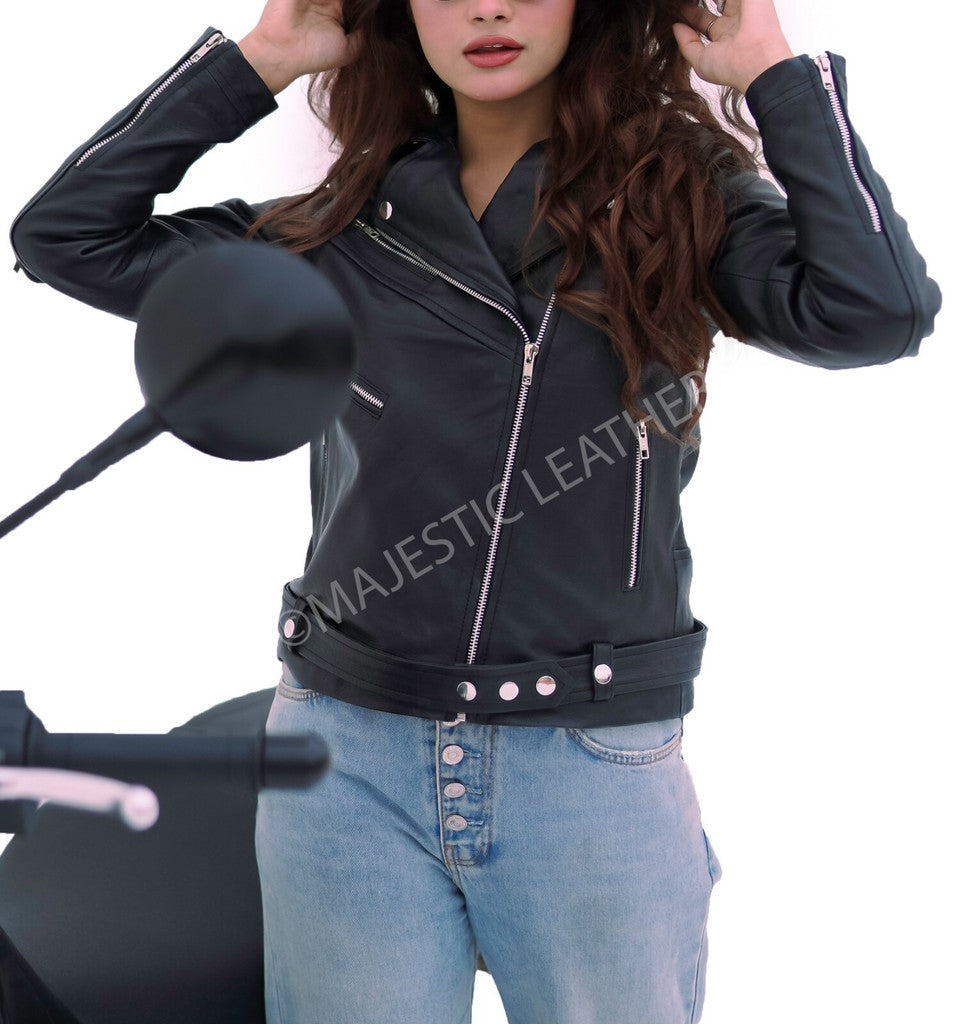 Majestic Leather - Women Real Leather Classic Biker Leather Jacket Soft Lambskin