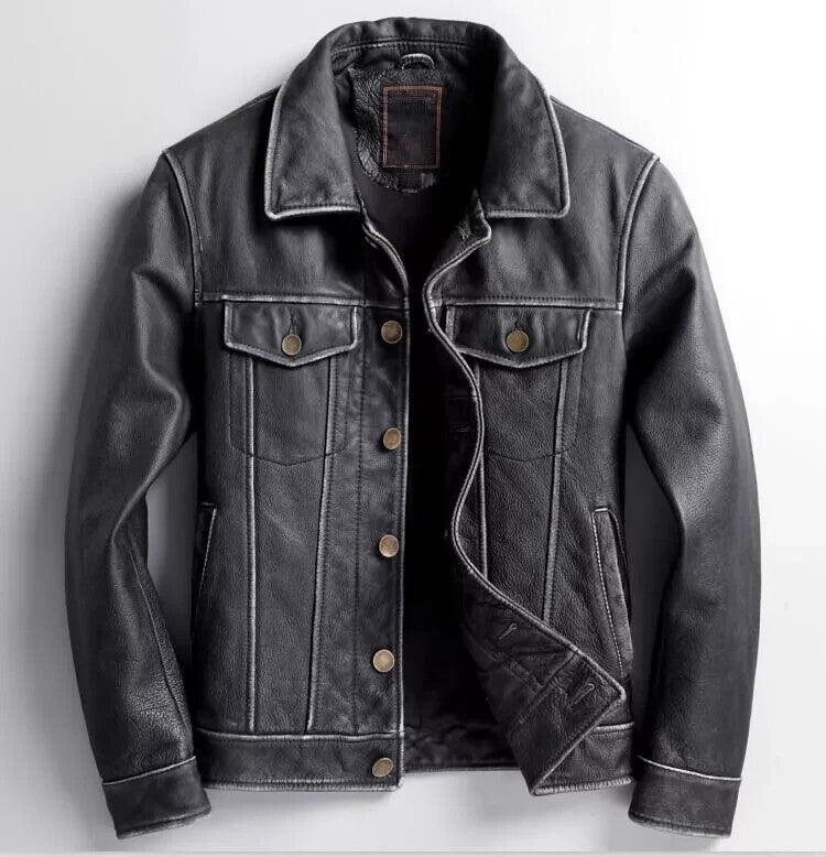 Majestic Leather - Men's Distressed Black Vintage Waxed Motorcycle Biker Real Leather Jacket