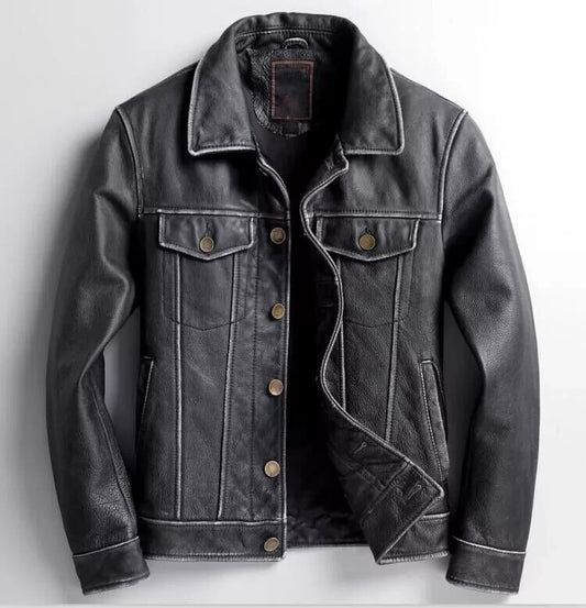 Majestic Leather - Men's Distressed Black Vintage Waxed Motorcycle Biker Real Leather Jacket