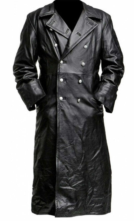 Majestic Leather - MENS GERMAN CLASSIC WW2 OFFICER MILITARY UNIFORM BLACK FAUX LEATHER TRENCH COAT