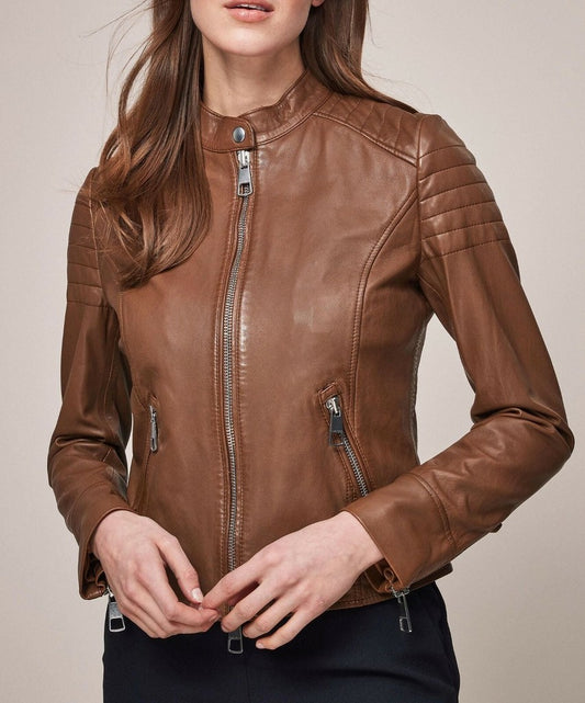 Majestic Leather - Women's Cross Roads Stylish Brown Quilt Shoulder Biker Moto Real Leather Jacket
