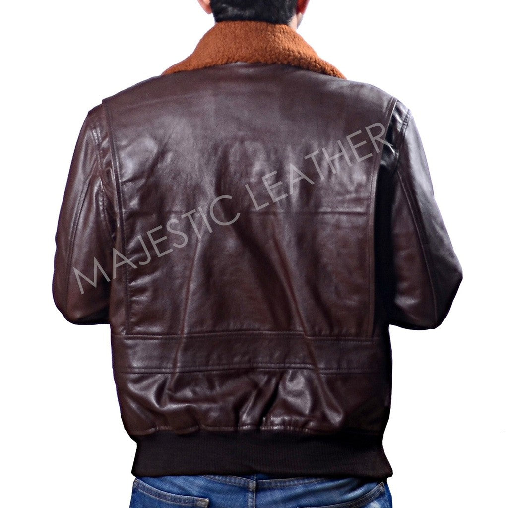 Majestic Leather - Mens Aviator Navy G-1 Flight Jacket Real Brown Leather Bomber Jacket
