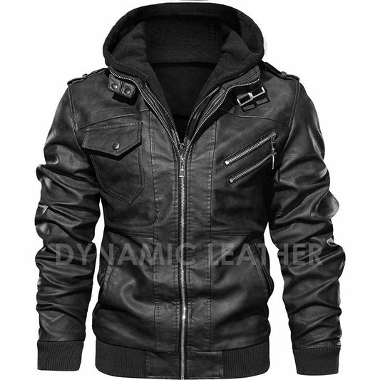 Majestic Leather - Men's Genuine Real Leather Jacket Black Bomber Winter Hooded Jacket Coat