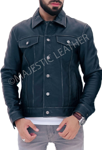 Majestic Leather - New Men's Trucker Black Vintage Biker Leather Jacket