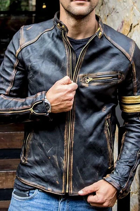Majestic Leather - Men's Black Biker Vintage Motorcycle Distressed Cafe Racer Leather Jacket