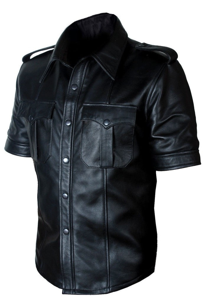 Majestic Leather - Mens Hot Genuine Real Leather Police Uniform Bluff Gay Shirt
