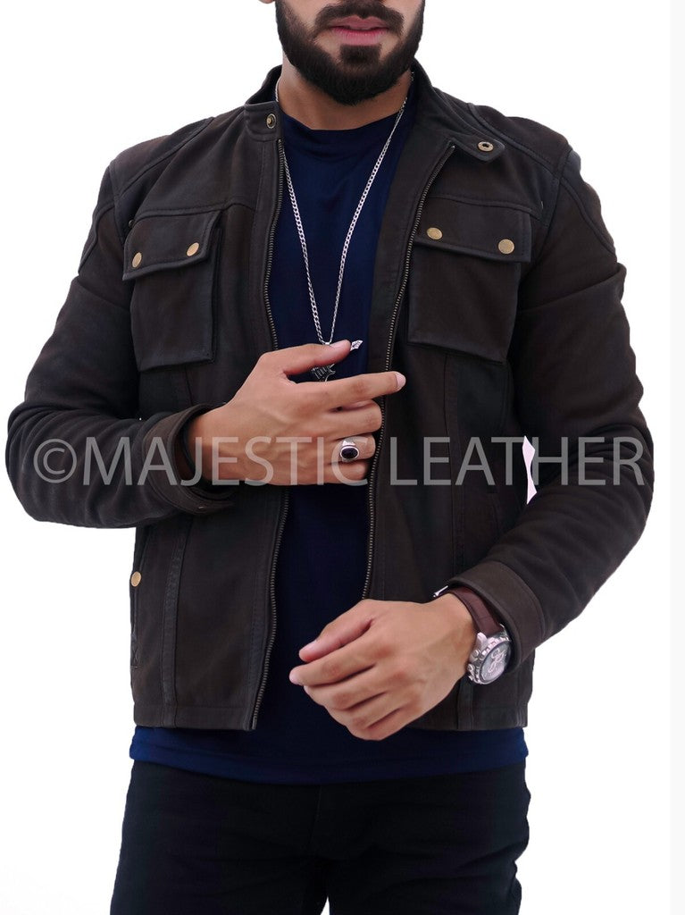 Majestic Leather - New Mens Choco Brown Real Lambskin Nubuck Snuff Premium Leather Jacket