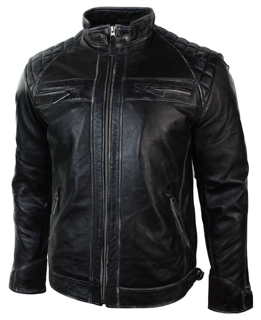 Majestic Leather - Mens Biker Quilted Vintage Distressed Motorcycle Cafe Racer Leather Jacket